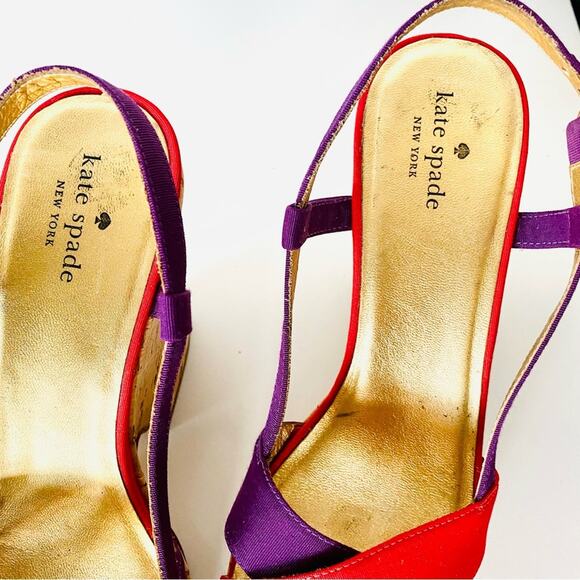 KATE SPADE Purple Red Colorblock Penny Cork Wedges Heeled Sandals Slingback 9.5 - Picture 10 of 12